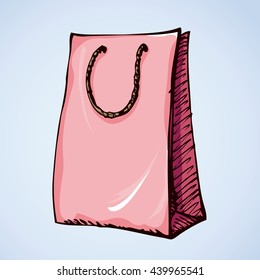 New kraft simple single reuse box with string holder isolated on white backdrop. Freehand outline ink pen hand drawn picture sketch in art scribble retro style. Closeup view with space for text