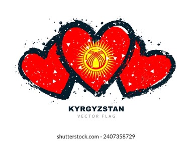 New Kyrgyz flag in the shape of three hearts is hand-painted. Red canvas with a round golden sun and 40 rays in the center. Inside the solar disk is a tundyuk - a Kyrgyz yurt. Vector illustration.