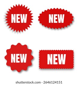 New Label Collection Set – Red Sale Tags, Discount Ribbons, Banners, and Shopping Icons Vector