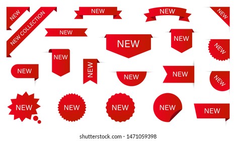 New Label collection set. Sale tags. Discount red ribbons, banners and icons. Shopping Tags. Sale icons. Red isolated on white background, vector illustration.