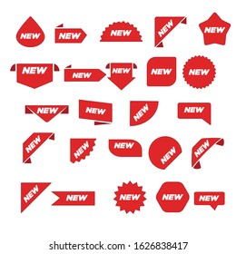 New Label collection set. Sale tags. Discount red ribbons, banners and icons. Shopping Tags. Sale icons. Red isolated on white background, vector illustration.