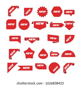 New Label collection set. Sale tags. Discount red ribbons, banners and icons. Shopping Tags. Sale icons. Red isolated on white background, vector illustration.