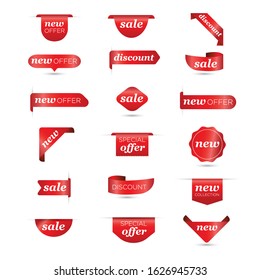 New Label collection set. Sale tags. Discount red ribbons, banners and icons. Shopping Tags. Sale icons. Red isolated on white background, vector illustration.