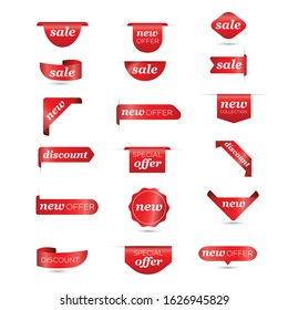 New Label collection set. Sale tags. Discount red ribbons, banners and icons. Shopping Tags. Sale icons. Red isolated on white background, vector illustration.