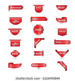 New Label collection set. Sale tags. Discount red ribbons, banners and icons. Shopping Tags. Sale icons. Red isolated on white background, vector illustration.