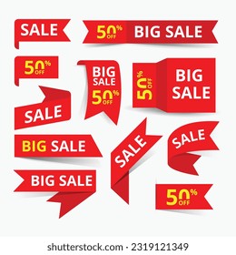 New Label collection set. Sale tags. Discount red ribbons, banners and icons. Shopping Tags. Sale icons. Red isolated on white background, vector illustration.