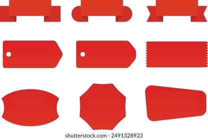 New Label collection set. Sale tags. Discount red ribbons, banners and icons. Shopping Tags. Sale icons. Red isolated on white background, vector illustration, Best choice, order now, special offer.