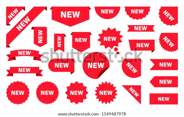 New Label collection set. Sale tags.\
Discount red ribbons, banners and icons. Shopping Tags. Sale icons.\
Red isolated on white background, vector\
illustration.