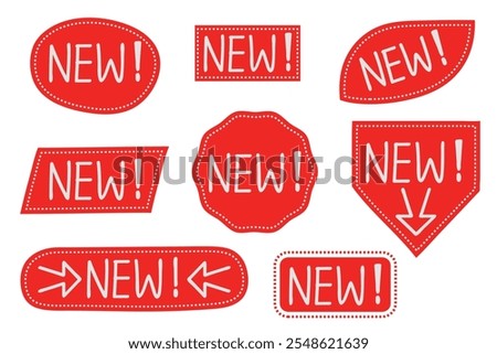 New label hand drawn red collection.Set of unique new tags.Vector illustration