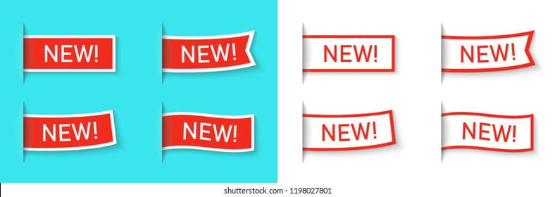 New label icon set isolated on a blue background. Side flag or bookmark. Red color special offer tag. Simple realistic design. Flat style vector illustration.