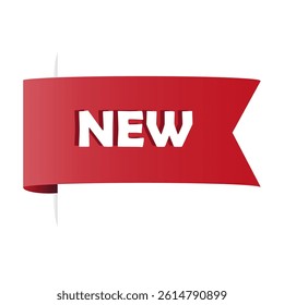New label ribbon. Announcement vector banner. Red folded shape. Product arrival message.