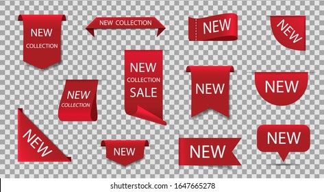 New label for sale. Price tag, sticker, new badge on isolated background. Red premium stamp. Original sign for exclusive promotion. Design red flag collection. Set of scrolls ribbon. 3d vector