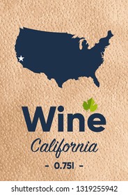New label for a wine bottle with a map of the manufacturer California USA. Template for your modern design. Minimalism style. Vector illustration