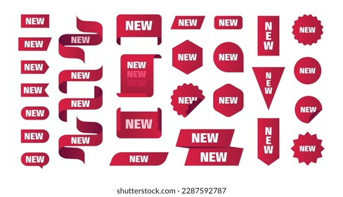 New labels. Cartoon red stickers with message, flat round corner symbols for discount offer, retail sticker kit. Vector flat new banner set. Speech bubble, oval and triangle badge shapes