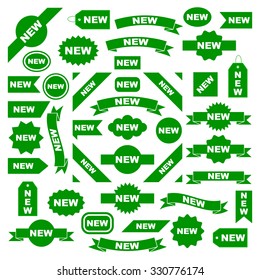 New labels, green isolated on white background, vector illustration.