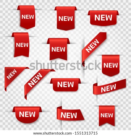 New labels. Newest product red banner ribbons, price shopping tags. Promotion sale badges, special offer stickers vector exclusive bookmark set