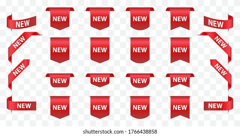 New labels and ribbon sale badges. Newest product red banner ribbons, price shopping tags. Promotion sale badges, special offer stickers vector exclusive bookmark set
