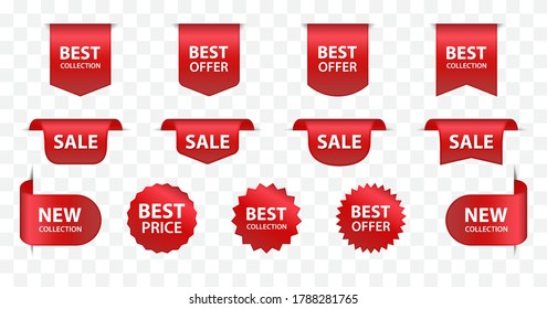 New labels and ribbon sale badges. Newest product red banner ribbons, price shopping tags. Promotion sale badges, special offer stickers vector exclusive bookmark set