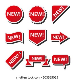 New labels, set of badges with word new, red stickers, vector 