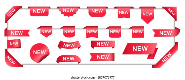 New labels set. Collection red new stickers. Badges and ribbon banners.