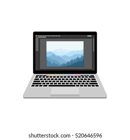 New laptop with photography processing editor. Notebook with new feachers
