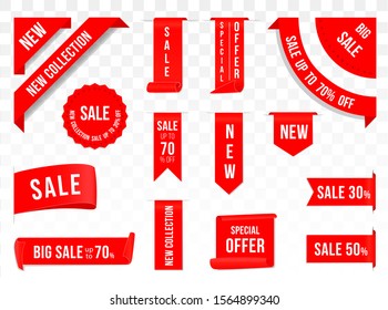 New large collection of realistic scroll of ribbons.  Red vector price and tags.  Sale total labels and badges vector banners.