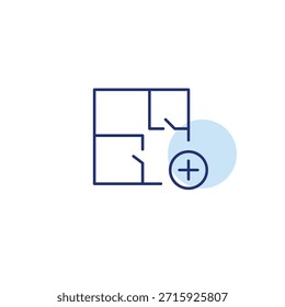 New layout, space update, room addition. Apartment blueprint and plus. Pixel perfect, editable stroke vector icon