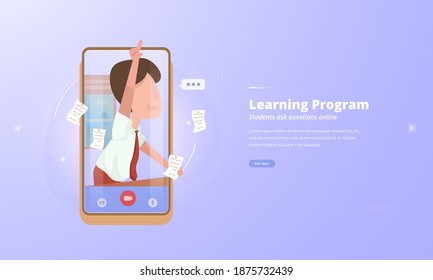 New learning program illustration with mobile video call concept, Students ask questions online