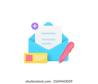 New letter message send correspondence communication 3d icon realistic vector illustration. Email open messaging incoming receive notification electronic contact mailbox reminder notice badge