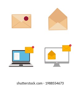 New letter vector flat icon. Set of icons 4 different new letters, closed envelope, open envelope, new letter in laptop, new letter on computer. Icon for game, website, application. Vector flat style,