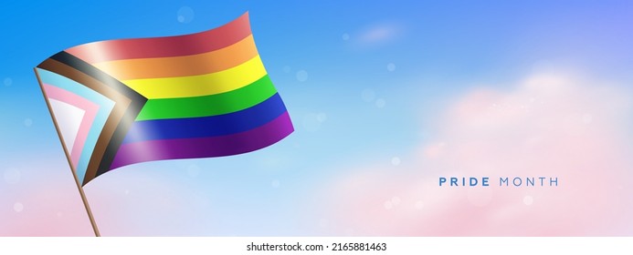 Nueva bandera del Orgullo LGBTQ+. Fondo horizontal vectorial con un hermoso cielo realista y nubes rosas