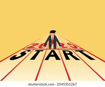 New life change for 2025, Businessman getting ready at the starting line. Concept of people ready to start career and business