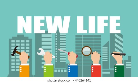 new life concept. hand holding tools on construction background