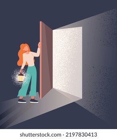 Nuevo concepto de vida. La joven abre la puerta a cambios cardinales desconocidos en el trabajo y la vida personal. Un haz de luz sobre el carácter. Metáfora de mejora de la salud mental. Dibujo vectorial plano de dibujos animados