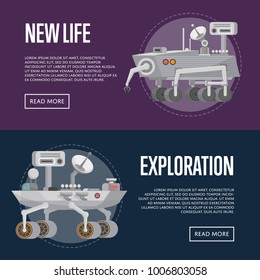 New Life Concepts With Research Rover. Robotic Space Autonomous Vehicles For Planet Exploration And Colonization. Mars Rover With Camera, Wheels, Antenna And Hand Manipulator Vector Illustration