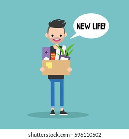 New life conceptual illustration. Young caucasian man holding a box full of office stationery goods / flat editable vector illustration, clip art