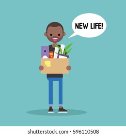 New life conceptual illustration. Young black man holding a box full of office stationery goods / flat editable vector illustration, clip art