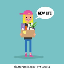 New life conceptual illustration. Young blond girl holding a box full of office stationery goods / flat editable vector illustration, clip art