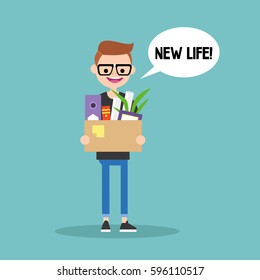 New life conceptual illustration. Young geek holding a box full of office stationery goods / flat editable vector illustration, clip art