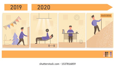 New life. Personal goals for the new year. Way to success. Self improvement. Vector illustration in cartoon and flat style. Life Tasks. Action planning. Sport and self-education. 2020.