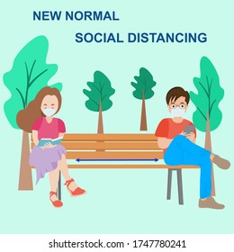 New lifestyle when go to public park keep social distancing and wearing mask for safe from coronavirus. Vector illustration 