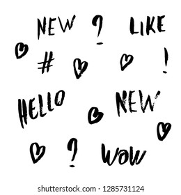 New, Like, Hello, New, Wow words, hearts, hashtags. Set of grunge handwritten lettering and sign. Vector illustration. 