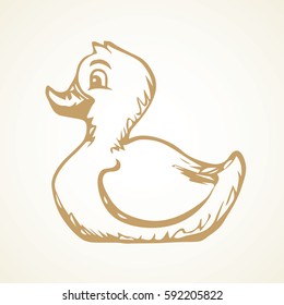 New little dabbling rubberduck isolated on white backdrop. Freehand linear orange ink hand drawn picture logo sketchy in art retro scribble style pen on paper. Closeup side view with space for text