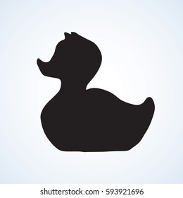 New little dabbling rubberduck isolated on white backdrop. Dark ink hand drawn picture in art retro print style. Closeup side view with space for text