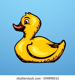 New little dabbling rubberduck isolated on blue backdrop. Vivid orange hand drawn picture logo sketchy in art retro doodle style. Closeup side view with space for text on cyan lake 