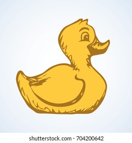 New little dabbling rubberduck isolated on white backdrop. Freehand linear orange ink hand drawn picture logo sketchy in art retro scribble style pen on paper. Closeup side view with space for text