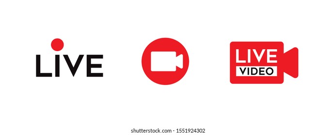 New LIVE video icon. Red broadcast button set.