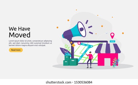 New Location Announcement Business Or Change Office Address Concept. We Have Moved Vector Illustration For Landing Page Template, Mobile App, Poster, Banner, Flyer, Ui, Web, And Background