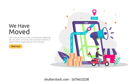 New Location Announcement Business Or Change Office Address Concept. We Have Moved Vector Illustration For Landing Page Template, Mobile App, Poster, Banner, Flyer, Ui, Web, And Background