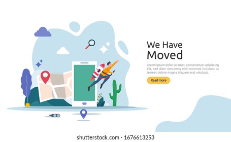 New Location Announcement Business Or Change Office Address Concept. We Have Moved Vector Illustration For Landing Page Template, Mobile App, Poster, Banner, Flyer, Ui, Web, And Background